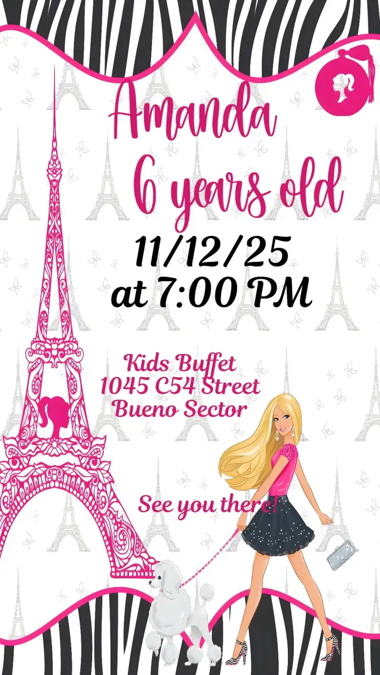 Invitation Barbie in Paris – Kids' Birthday Party theme pastel colors, elegant style, Parisian graphic elements, fashion theme, fun and playful, romantic touch