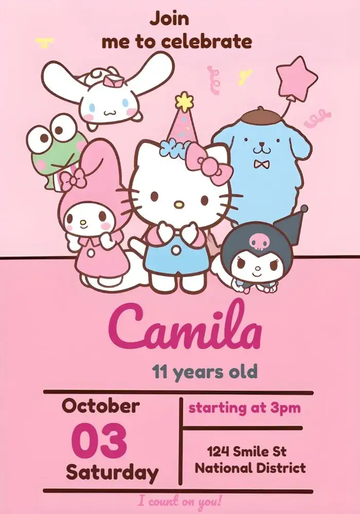 Invitation Hello Kitty And Friends Melody – Most searched for theme pink, childish, fun, colorful, themed