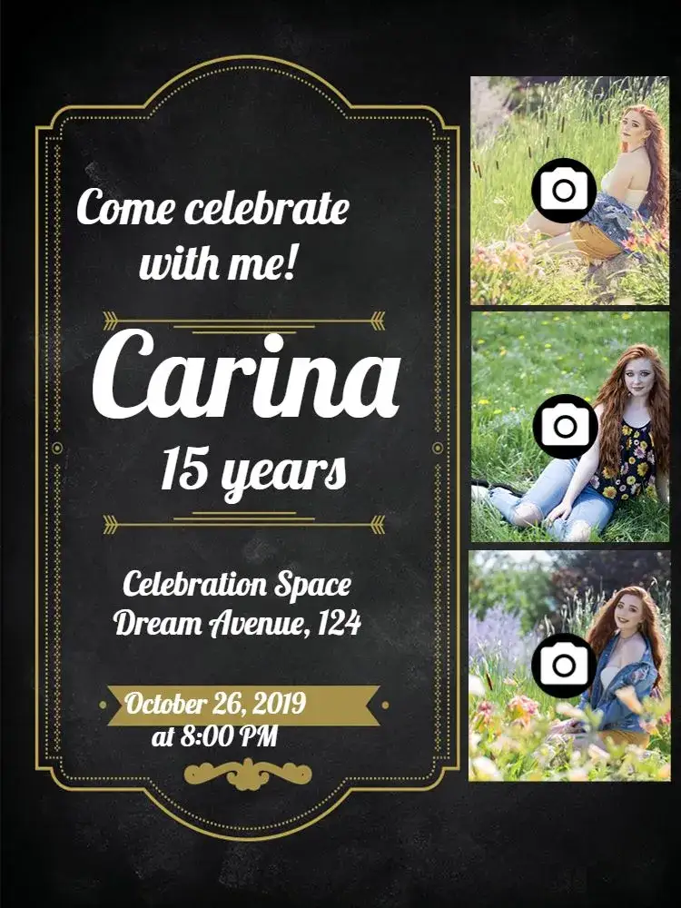 Invitation 15 Years With Photo Frame – Sweet 15 theme delicate, feminine, modernity, photo mosaic, black and white, elegant