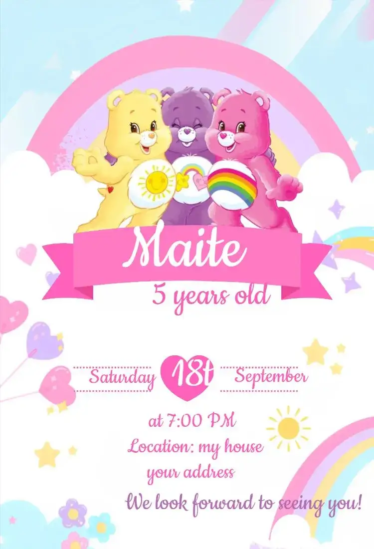Invitation Care Bears 3 – Card theme pastel tones, candy colors, cute illustrations, playful style, charming visuals