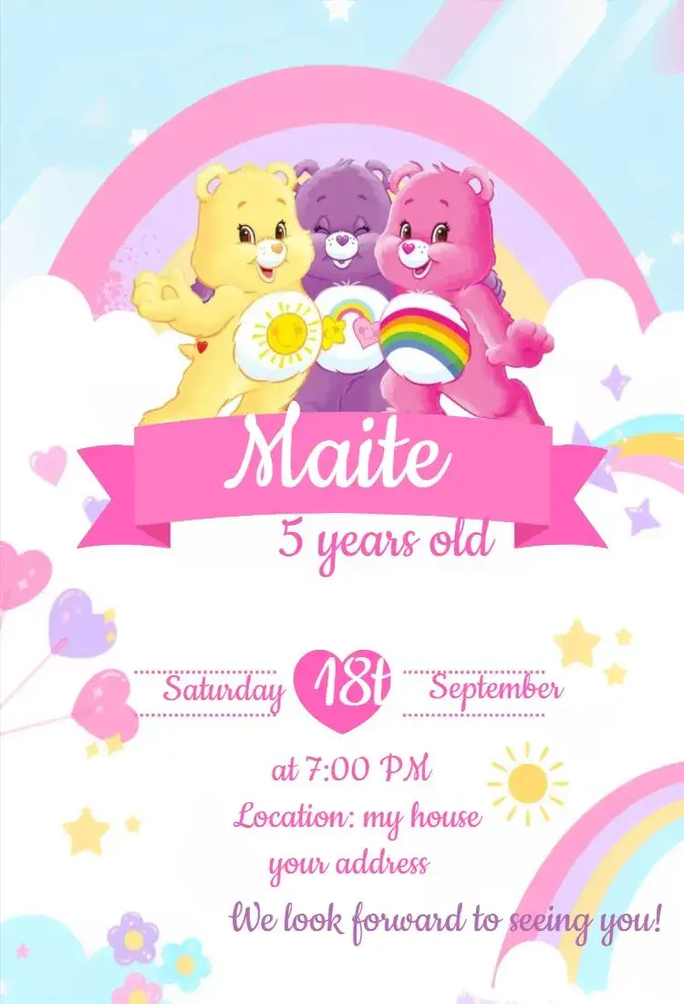 Invite Care Bears 3 editable and customizable