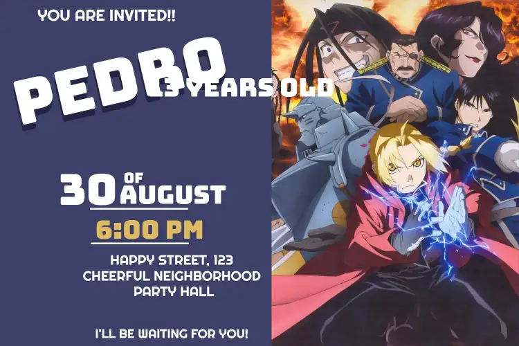 Invitation Full Metal Alchemist – Kids' Birthday Party theme anime, colorful, modern, youthful, fantasy