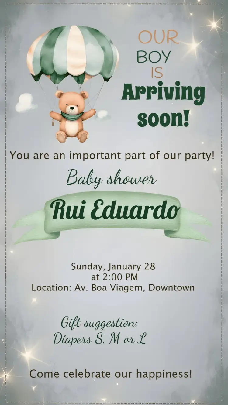 Invite Green Teddy Bear Baby Shower editable and customizable