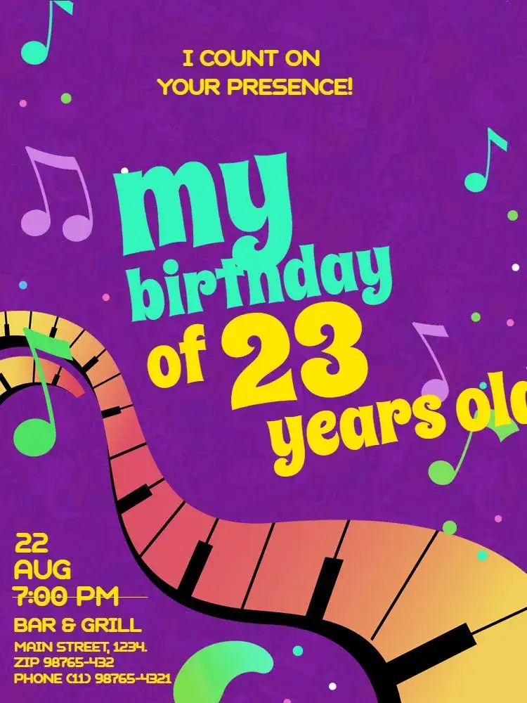 Invitation Purple Musical – Kids' Birthday Party theme musical, 70s themed, colorful, fun-filled, purple, vintage