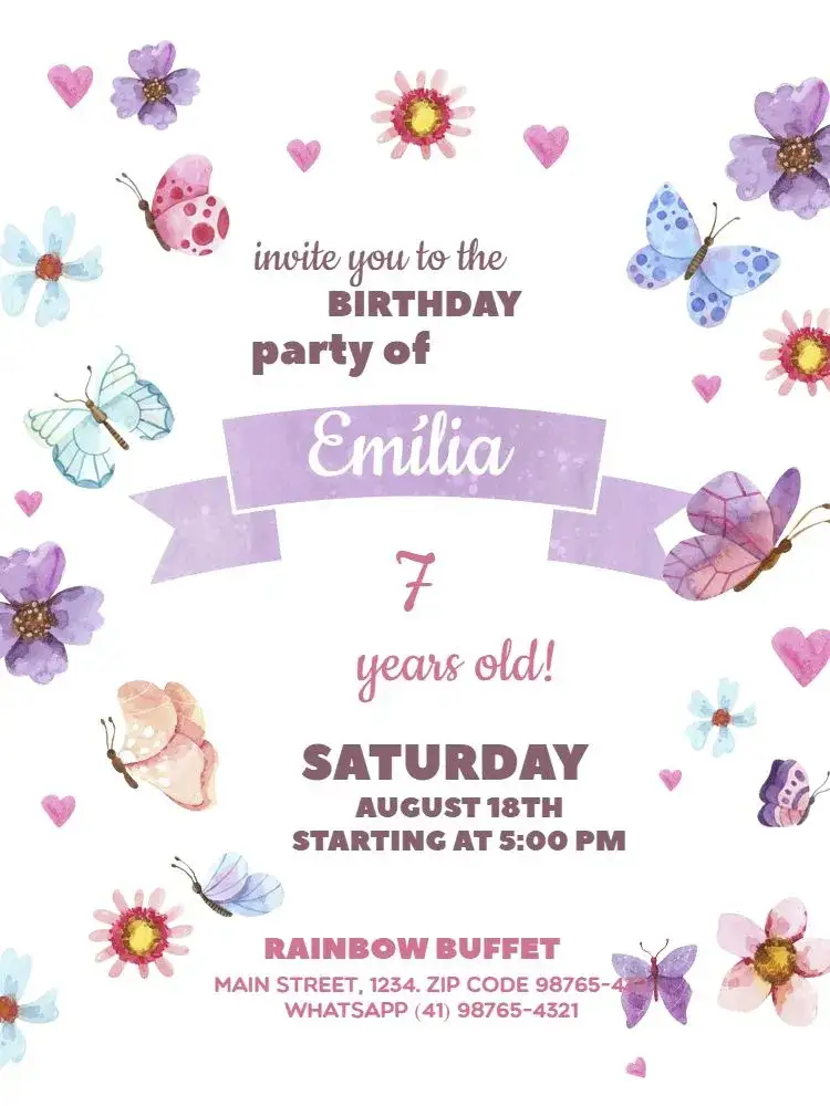 Invitation Purple Butterfly S Meeting – Kids' Birthday Party theme floral, playful, purple, childish, colorful, modern