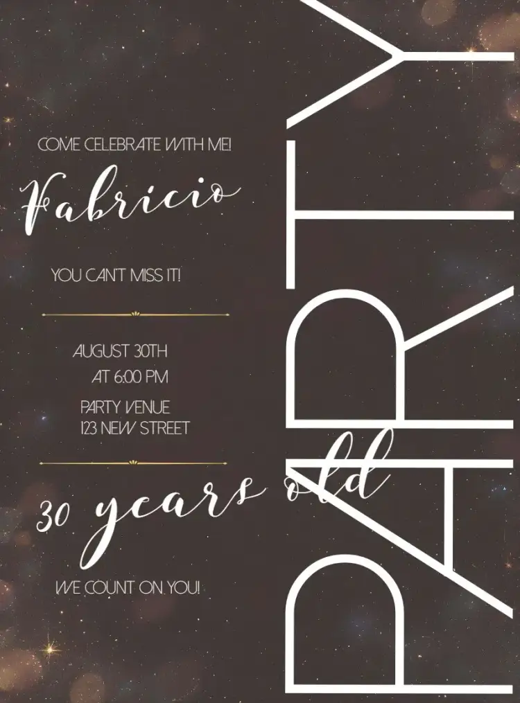 Invitation 30 Years Black Party – Birthday theme minimalist, black and white, glitter, elegant, modern, adult