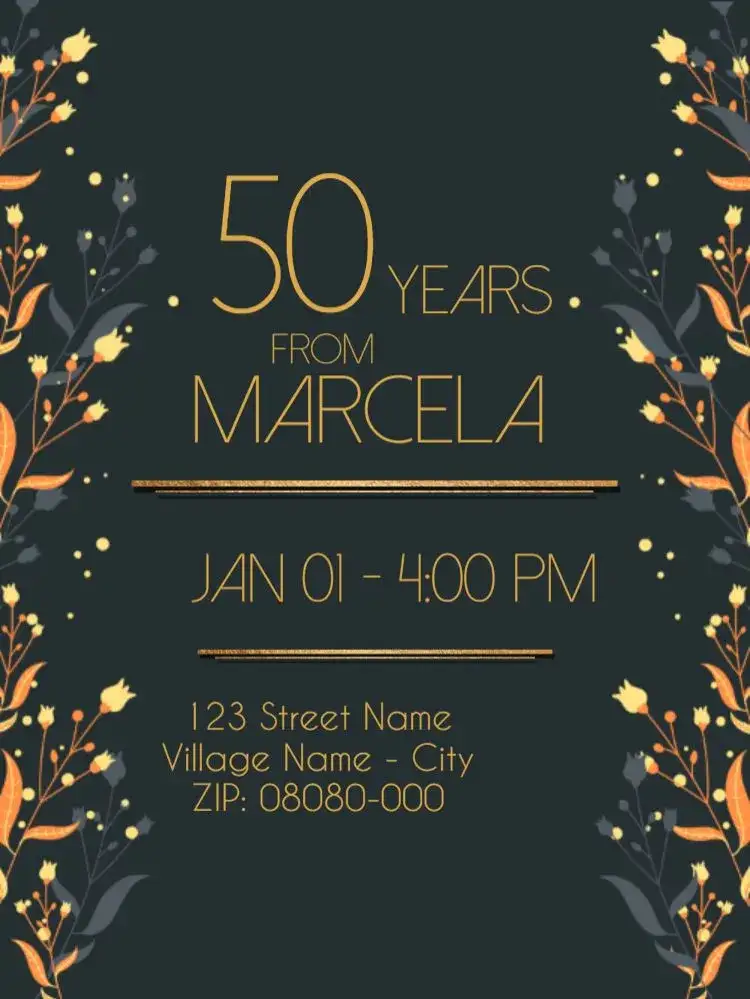 Invitation Virtual 50 Years Golden Flowers – Sweet 15 theme golden, elegant, art deco, geometric, floral, modern