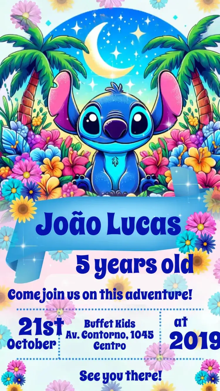 Invitation Stitch – Kids' Birthday Party theme colorful, fun, fantasy, childlike, vibrant