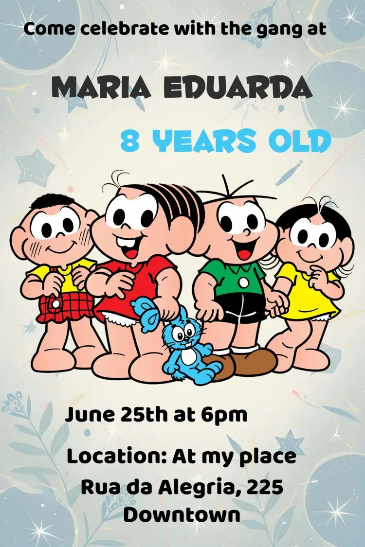 Invitation Turma Da Mônica – Kids' Birthday Party theme colorful, fun, childish, illustrations from Monica's Gang, playful