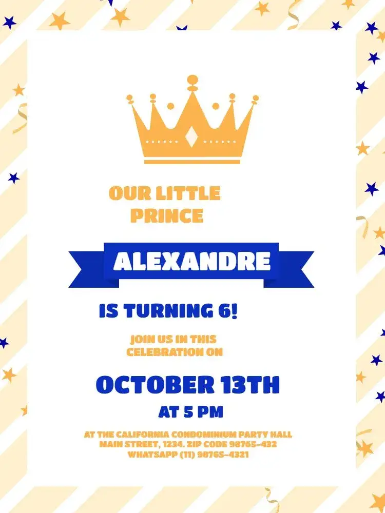 Invitation Yellow Blue Prince – Kids' Birthday Party theme playful, childlike, vibrant colors, modern style, fun graphic elements, cheerful style