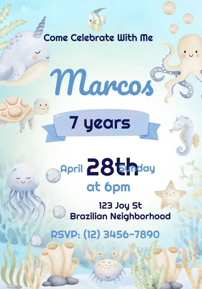 Invitation Under the Sea Octopus – Kids' Birthday Party theme watercolor, navy blue, colorful, fun-filled, childlike, playful