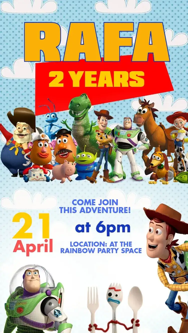Invitation Toy Story – Kids' Birthday Party theme colorful, fun, playful, themed, childlike, Pixar