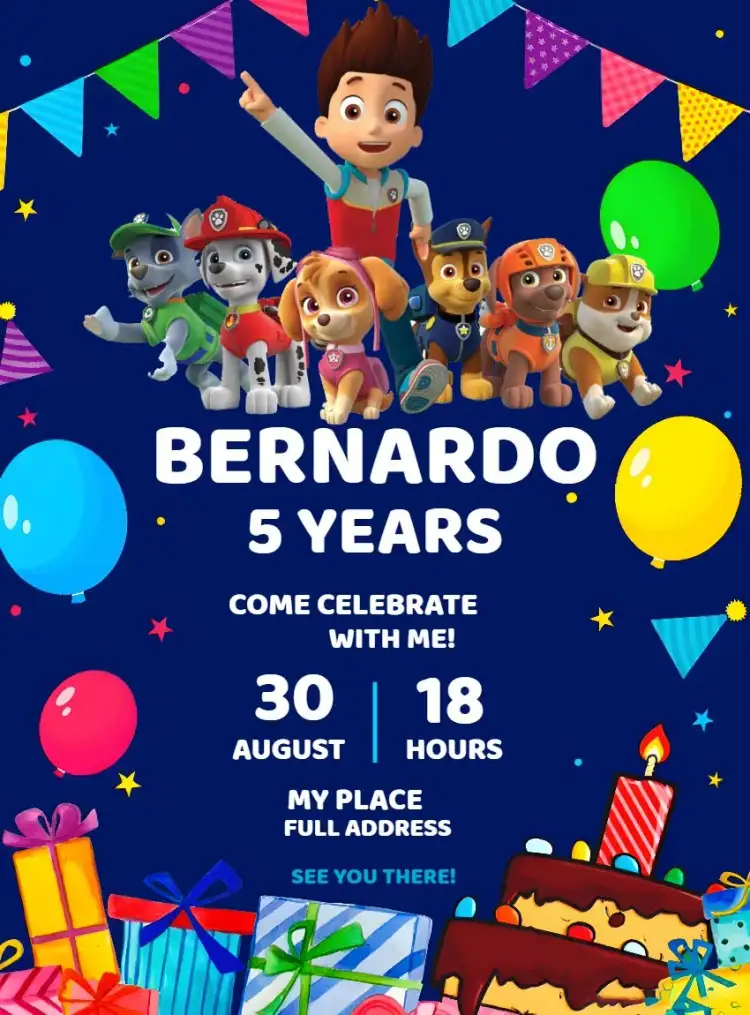 Invitation Blue Paw Patrol – Kids' Birthday Party theme blue, colorful, fun, childlike, animals, adventure