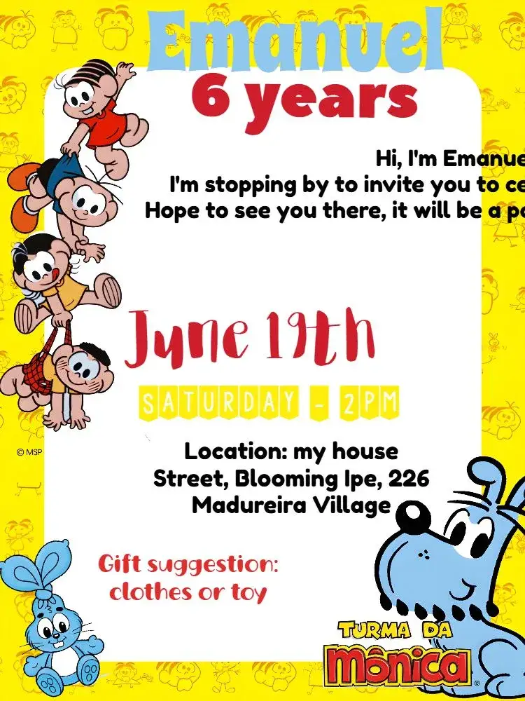 Invitation Turma Da Mônica Cebolinha – Kids' Birthday Party theme colorful, fun, childish, themed, vibrant