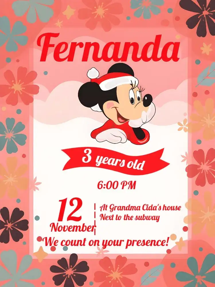 Invitation Minnie Mouse Black Christmas – Commemorative Dates theme black and red, Disney-themed, playful style, festive, fun, childlike