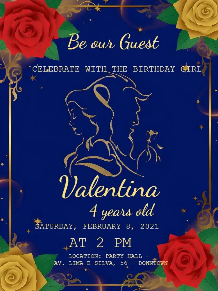 Invitation Beauty And The Beast – Baptism theme blue, costume, classic illustration, playful, colorful