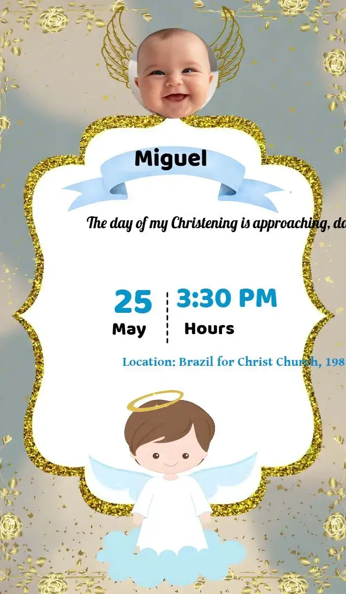 Invitation Boy Baptism With Photo Christening – First Communion theme blue, golden, glitter, childish, divine, elegant