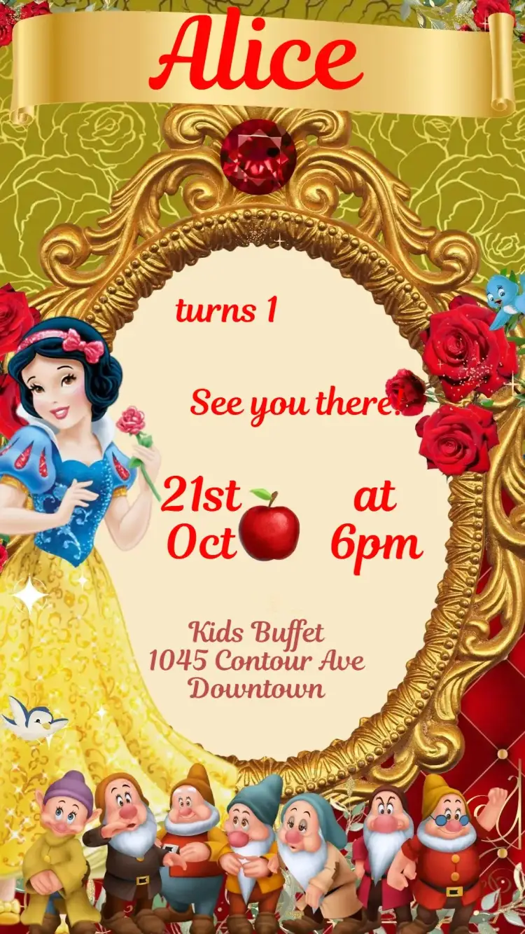 Invitation Snow White – Kids' Birthday Party theme vibrant colors, playful style, forest elements, fun illustration, magical, princesses