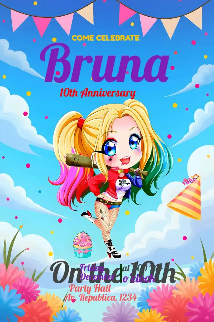 Invitation Harley Quinn Kids – Kids' Birthday Party theme colorful, fun, modern, themed, youthful