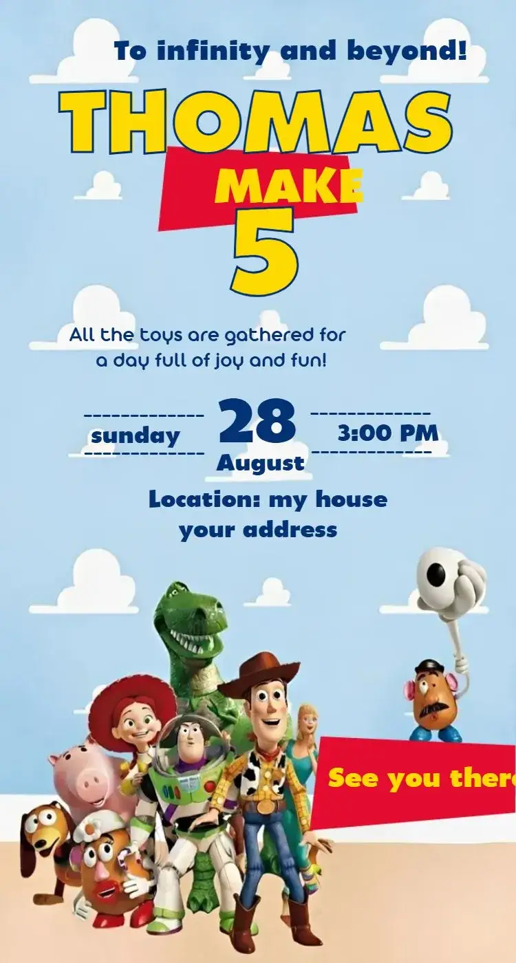 Invitation Toy Story 6 – Birthday theme colorful, fun, toy-themed, vibrant, animated illustrations, adventure