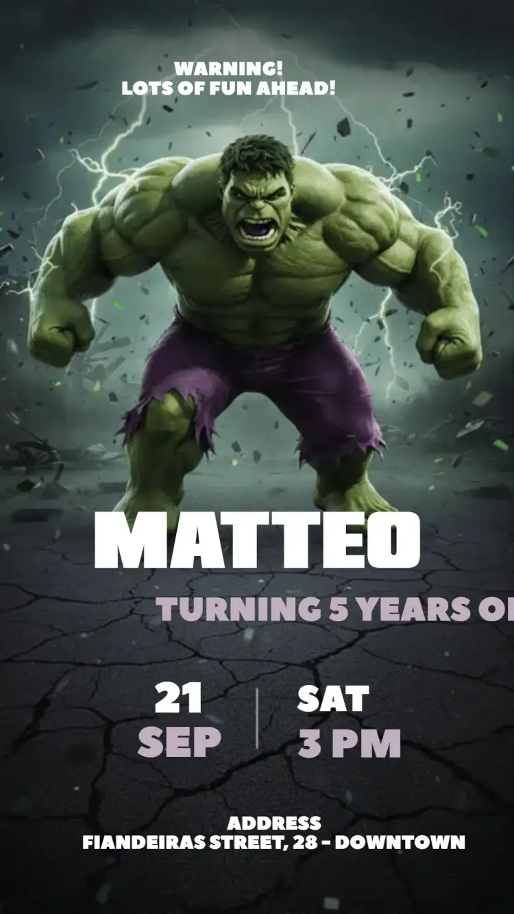 Invitation Digital Invitation The Incredible Hulk – Kids' Birthday Party theme green, black, purple, superheroes, marvel, comics