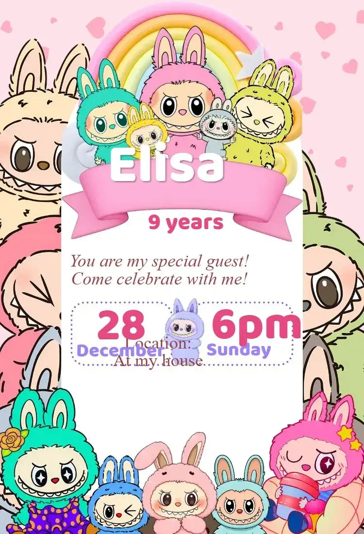 Invitation Digital labubu invitation – Birthday theme cute, colorful, adorable, modern, delicate