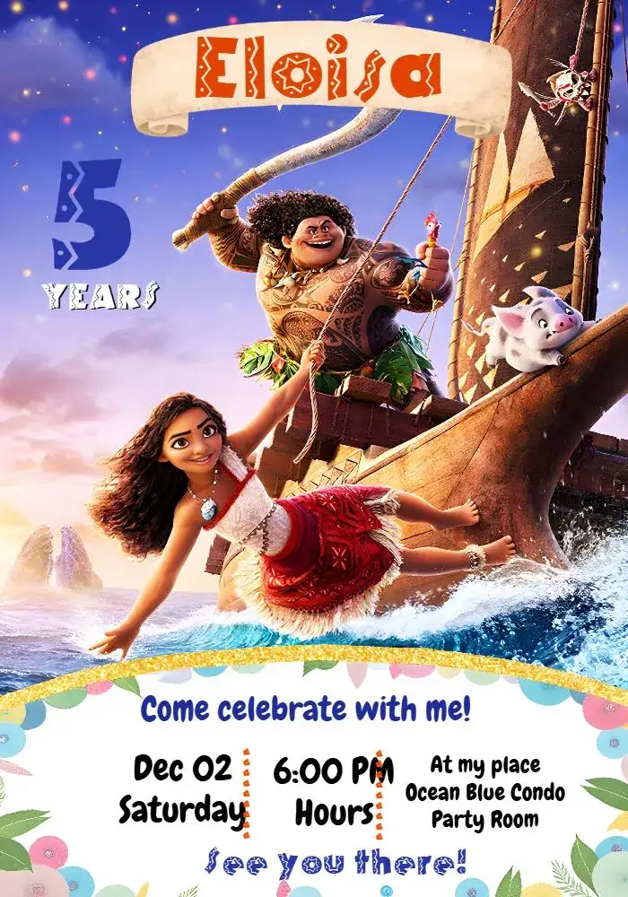 Invitation Moana Colorful – Most searched for theme colorful, themed, navy, tropical, adventure, children's