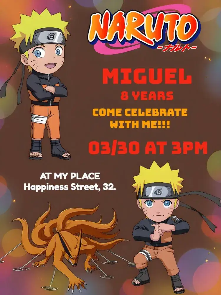 Invitation Animated Naruto – Kids' Birthday Party theme ninja, anime, colorful, vibrant, adventure, modern