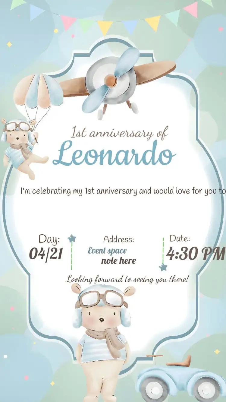 Invitation Little Aviator Watercolor Bear – Kids' Birthday Party theme aquarela, blue, childish, playful, aviator, fun