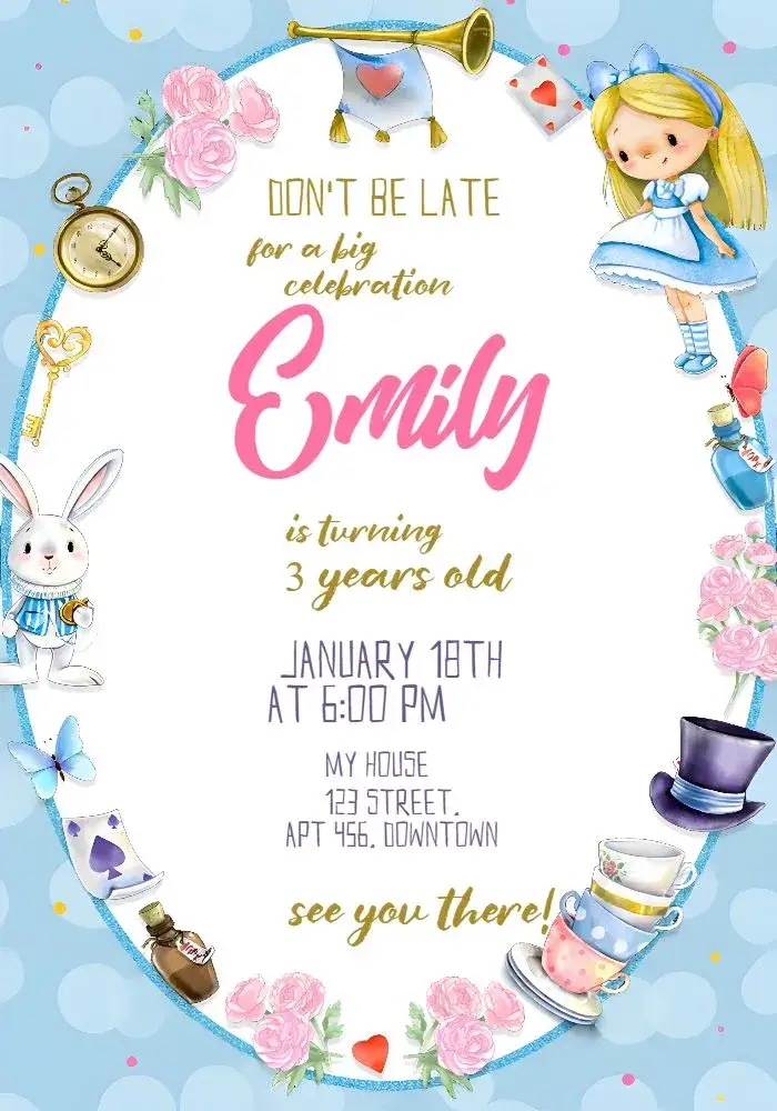 Invitation Alice In Wonderland Watercolor – Commemorative Dates theme watercolor, fantasy, colorful, playful, vintage, illustration