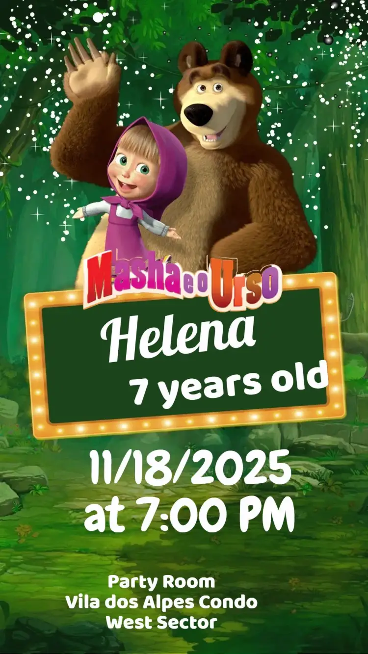 Invitation Masha and the Bear – Kids' Birthday Party theme colorful, fun, childish, animated illustrations, cartoon theme, cheerful