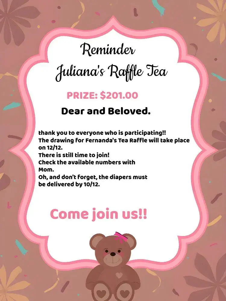 Invitation Lembrete De Chá Rifa Ursinha Fraldas – Raffle Tea theme pink, white, black, fun, childish, playful