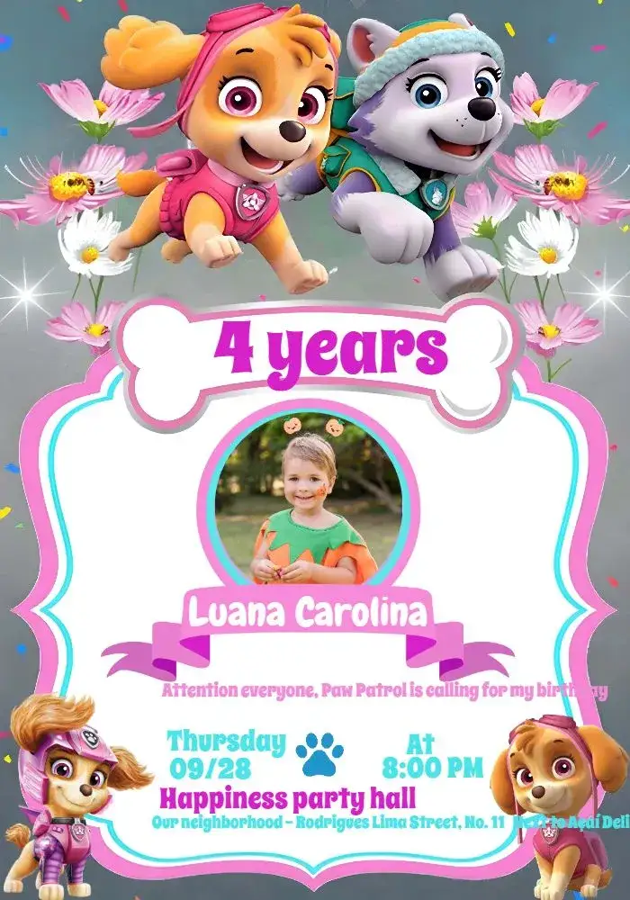 Invitation Paw Patrol Pink Photo Invitation – Kids' Birthday Party theme pink, blue, white, fun, childish, thematic