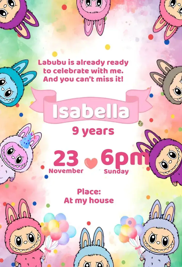 Invite Labubu Candy Color Digital Invitation editable and customizable