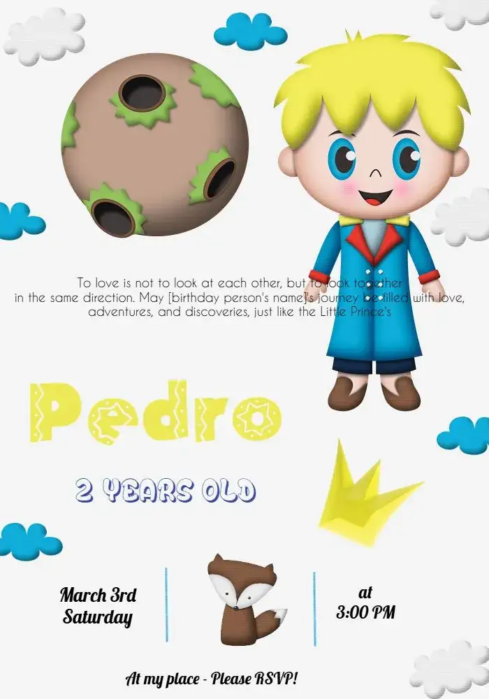 Invitation The Animated Little Prince – Commemorative Dates theme colorful, childlike, illustrations of fairy tales, playful style, light background, fantasy elements