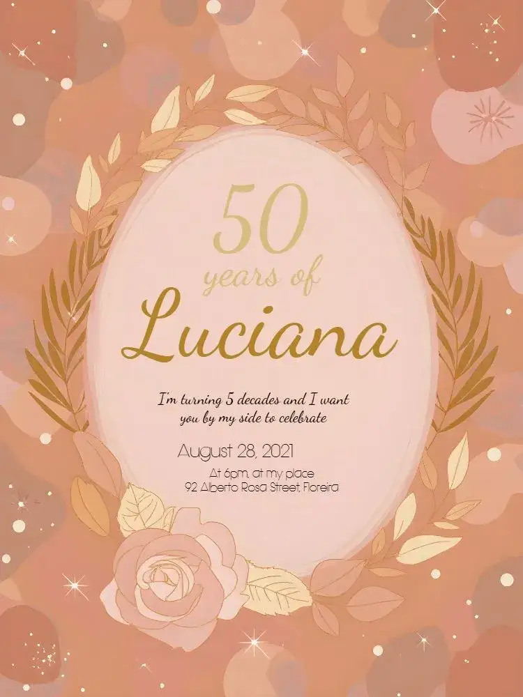 Invitation 50 Years Floral Foliage – Sweet 15 theme floral, golden, pink, modern, elegant, natural