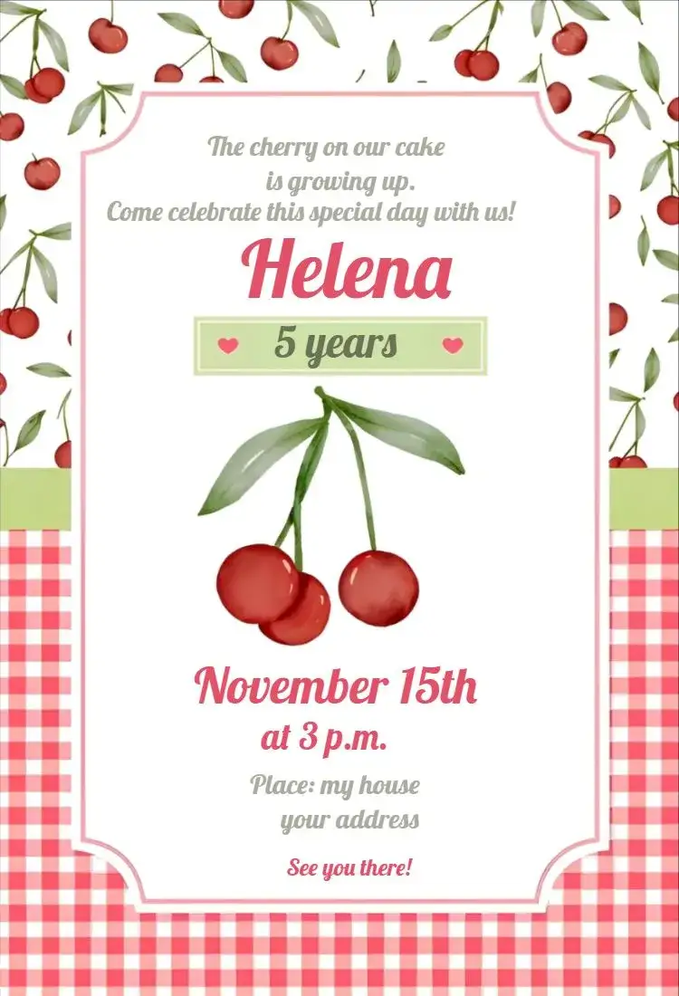 Invitation Cherrylicious – Kids' Birthday Party theme watercolor, colorful, playful, kids, sweet, floral