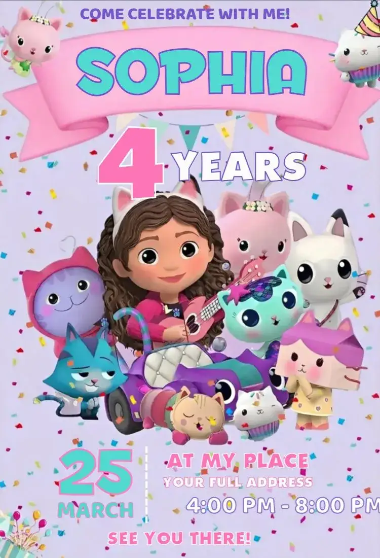 Invitation The Magical House of Gabby 5 – Birthday theme colorful, fantasy-themed, childish, playful, fun-filled, magical