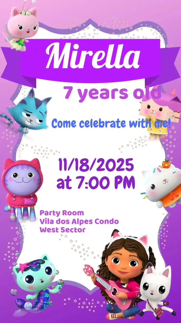 Invitation A Casa Mágica da Gabby – Kids' Birthday Party theme magical, colorful, fun, childlike, fantasy, charming illustrations