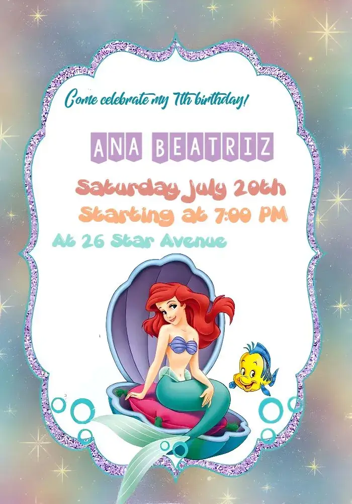 Invitation The Little Mermaid Ariel – Kids' Birthday Party theme vibrant colors, underwater theme, marine elements, playful style, cheerful design, fairy tale inspired