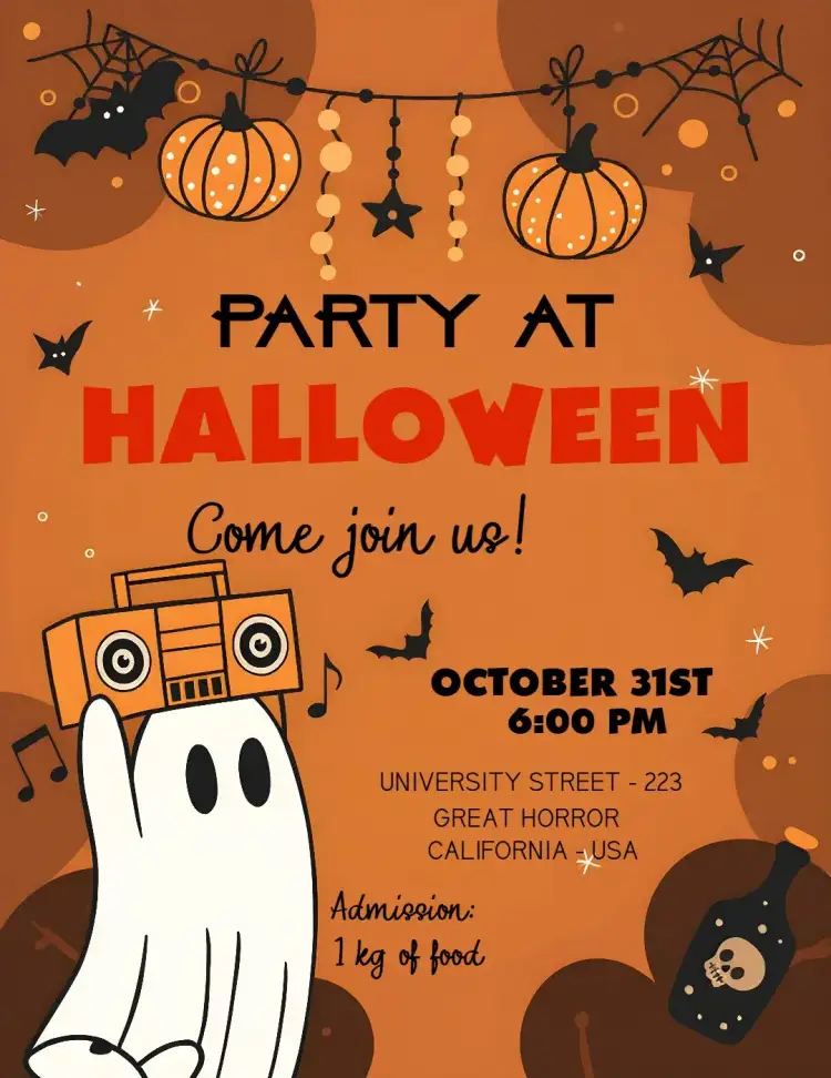 Invitation Witches Halloween Party – Commemorative Dates theme dark colors, Halloween graphic elements, fun style, witch illustrations, charming design, magical atmosphere