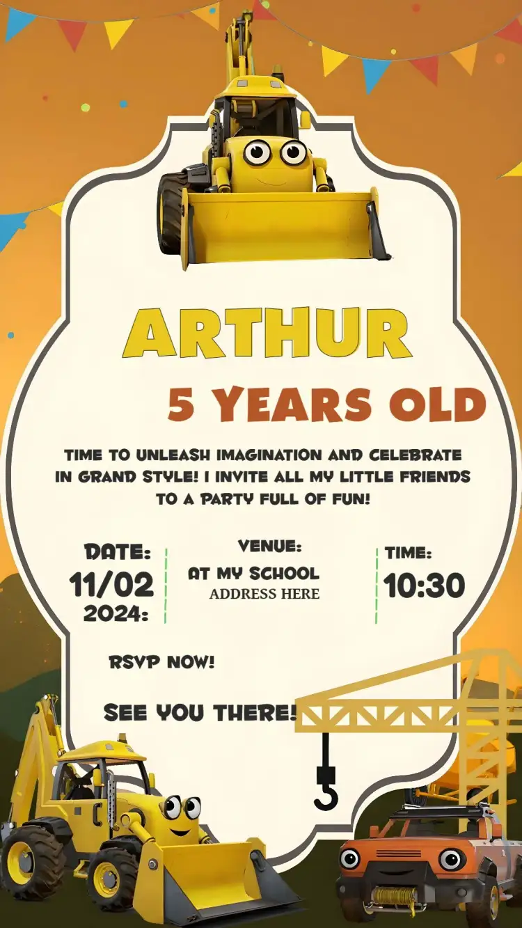 Invitation Construction Tractor – Raffle Tea theme construction theme, tractor illustrations, vibrant colors, fun style, party graphic elements, cheerful and lively design