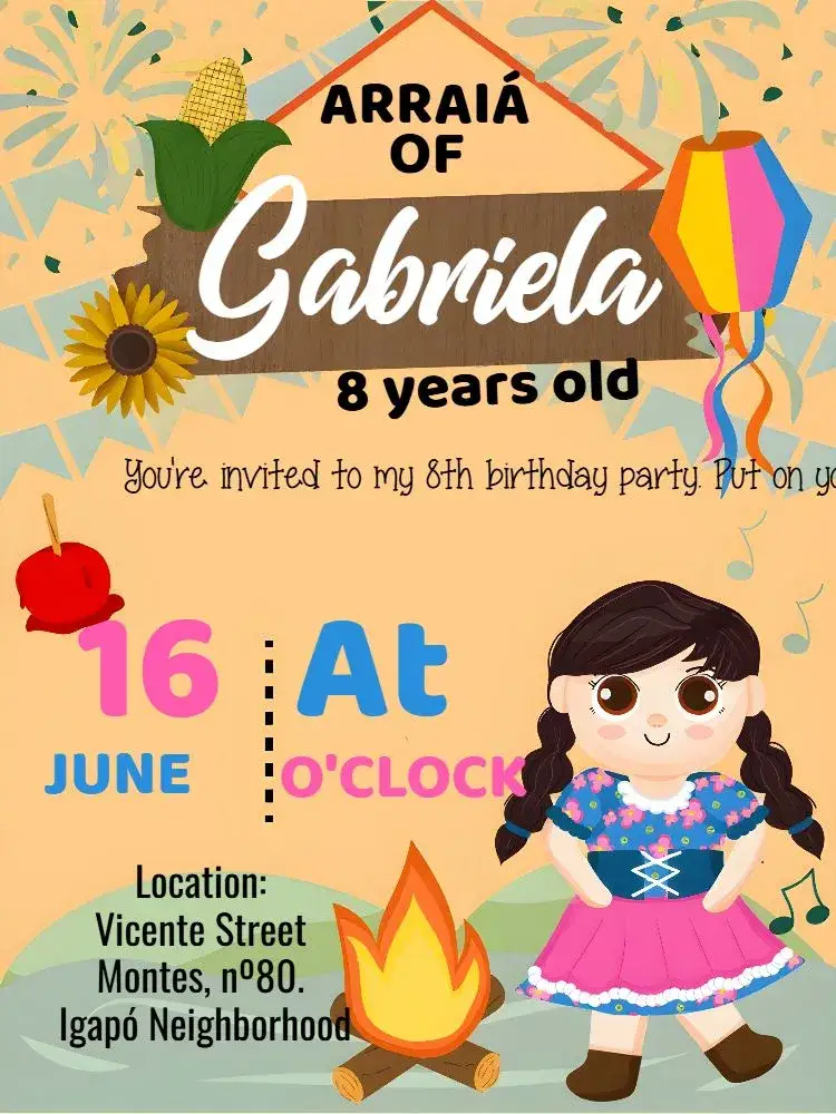 Invitation Junina Corn Party Arraiá – Commemorative Dates theme colorful, festive, traditional, vibrant, rustic, cheerful