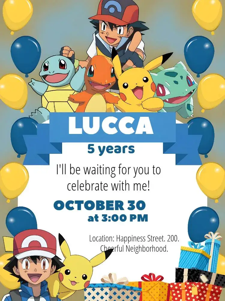 Invitation Pokemon Pikachu – Most searched for theme colorful, fun, youthful, anime, childish, themed