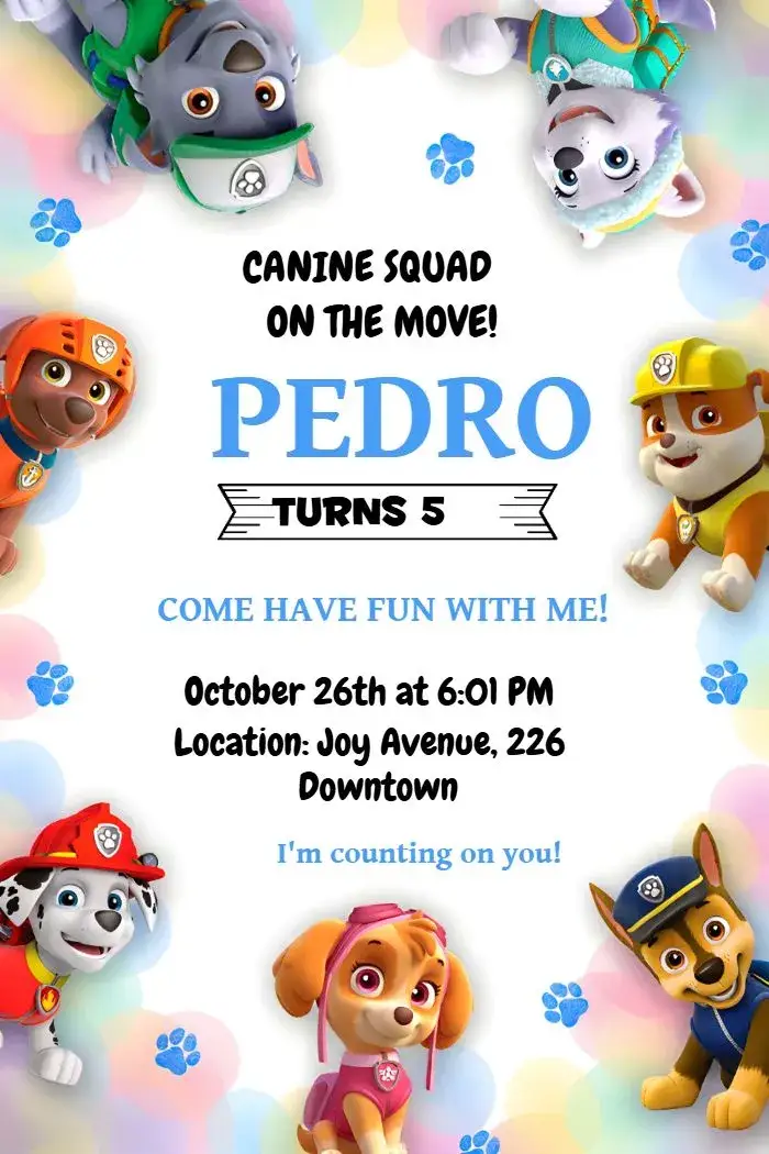 Invitation Blue Paw Patrol – Kids' Birthday Party theme blue, children's theme, fun characters, colorful illustrations, modern style