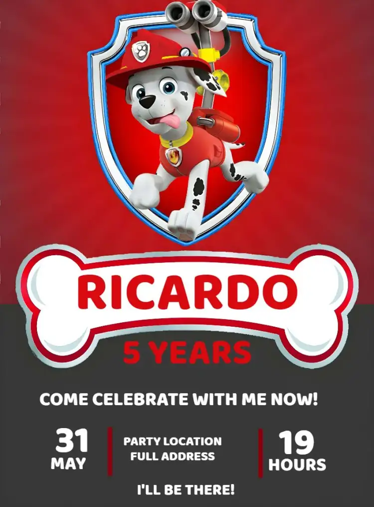 Invitation Paw Patrol Marshall Patrol – Kids' Birthday Party theme red, gray, white, children's theme, animals, adventure