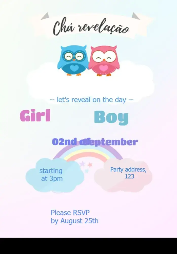 Invitation Baby Shower Owl Gender Reveal Celebration – Raffle Tea theme colorful, playful, childlike, modern, festive