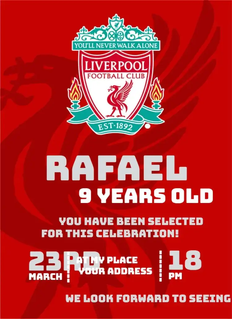 Invitation Liverpool 3 – Birthday theme football, red and white, modern, dynamic, themed, sporty