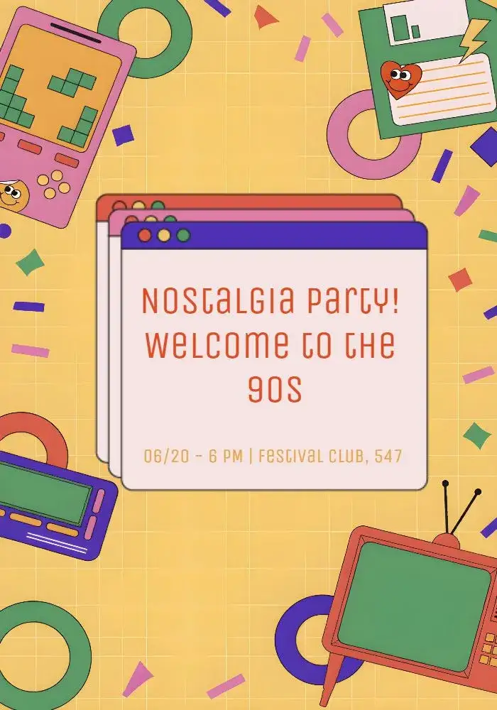 Invitation 90s Tube – Sweet 15 theme colorful, nostalgic, vintage, pop art, games, pop culture