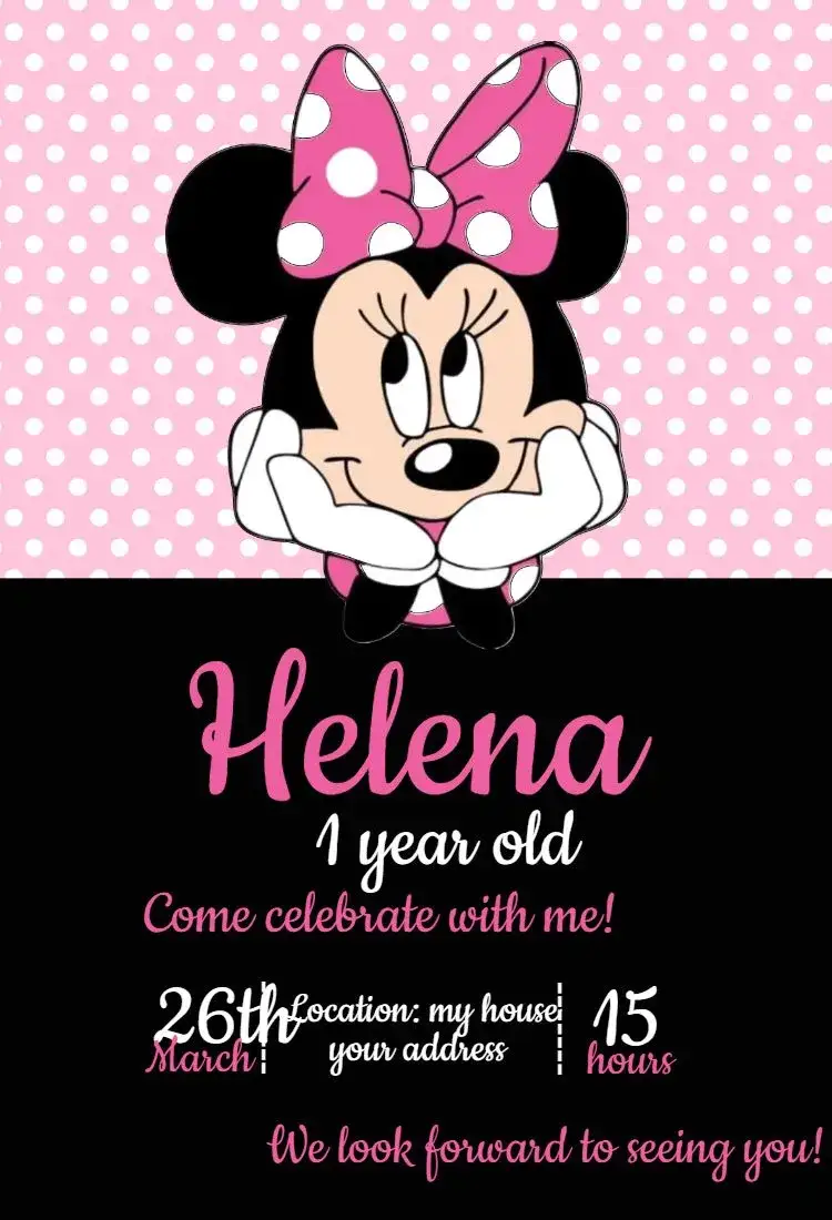 Invitation Minnie Mouse 1 – Birthday theme pink, black, fun, childish, Minnie-themed, colorful